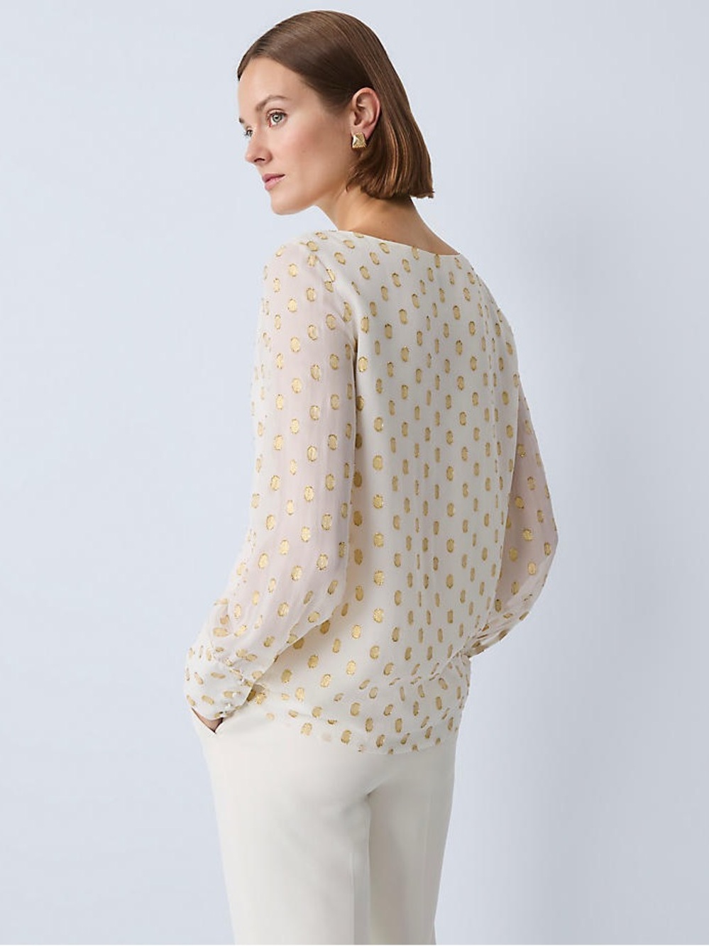 NWOT ANN TAYLOR Cream Blouse with Gold Dot Detail W/Sheer Sleeves, Button Cuffs - Picture 2 of 4